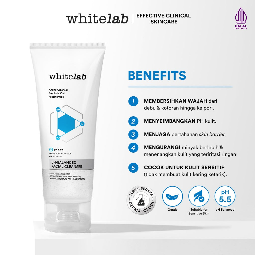 Whitelab pH-Balanced Facial Cleanser - Sabun Cuci Muka pH Seimbang untuk Kulit Normal Sensitif Kering Berminyak dengan Prebiotic Oat & Niacinamide [BPOM]