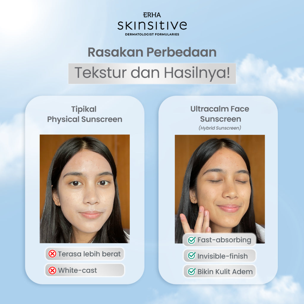 Skinsitive Ultracalm Face Sunscreen SPF 50 PA++++ | Hybrid Sunscreen, Cocok untuk Semua Jenis Kulit (Normal - Sensitif) | 3x Soothing Agents, Hydrating Agents, Ceramide | Cepat Menyerap, No White Cast, Tidak Lengket | Sunscreen Aman Untuk Keluarga