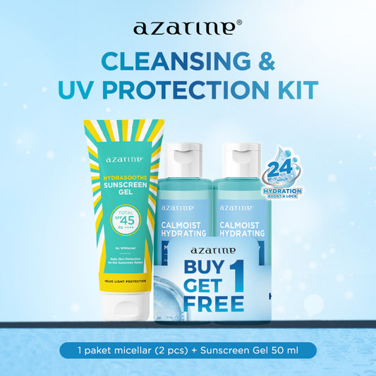 Azarine Cleansing & UV Protection Kit [2 PCS] Calmoist Micellar Water + Sunscreen Best Seller SPF45 PA++++ untuk Semua Jenis Kulit Pembersih Wajah Tanpa Residu Menghidrasi Kulit dan Tidak Pedih di Mata