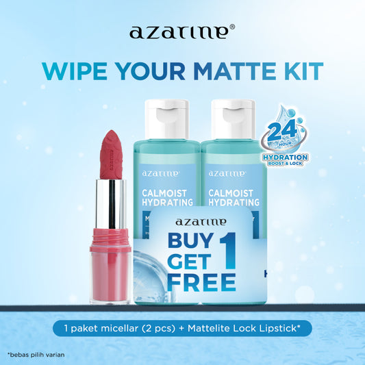 Azarine Wipe Your Matte Kit [2 PCS] Calmoist Micellar Water + Mattelite Lock Lipstick Pigmented Color Lightweight Transferproof Smudgeproof dan Pembersih Wajah Tanpa Residu Menghidrasi Kulit dan Tidak Pedih di Mata