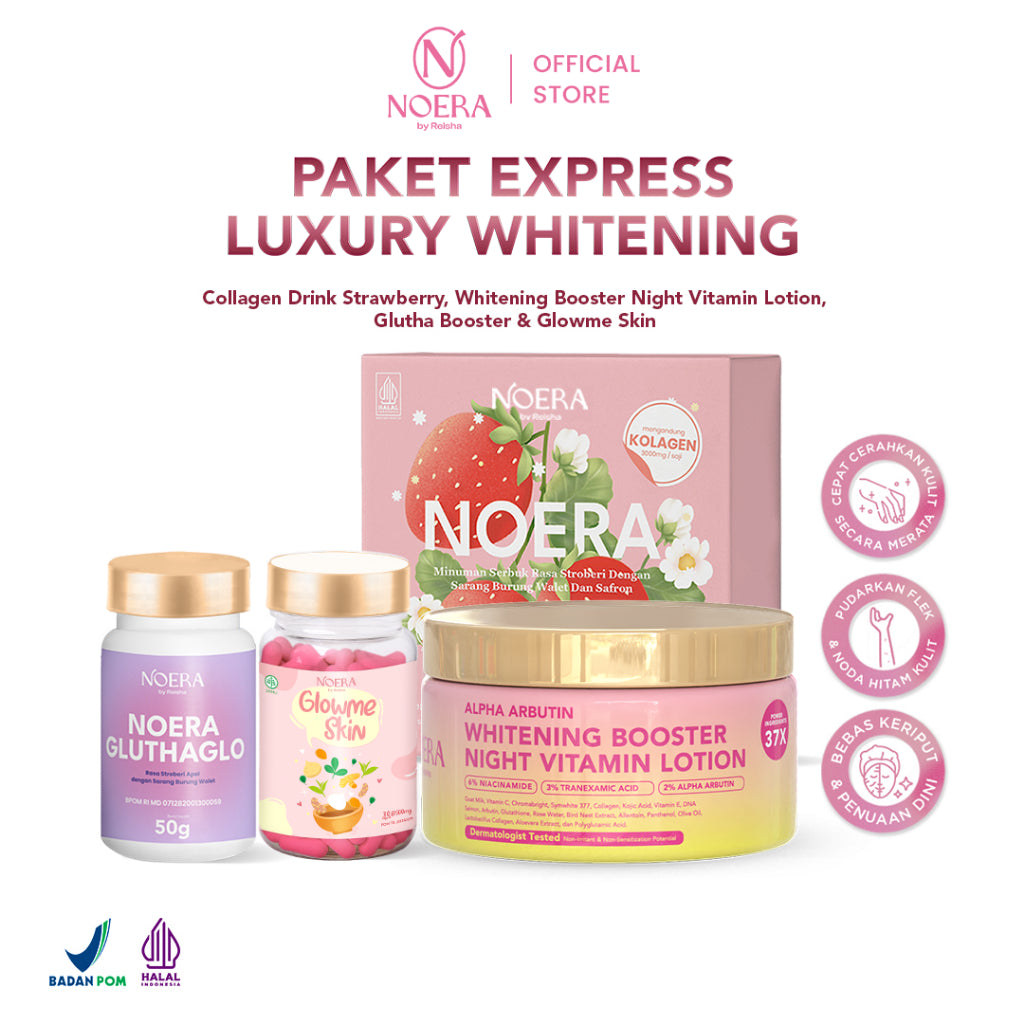 Noera Paket Express Luxury Whitening | Collagen Drink + Glow Me Skin + Glutha Booster + Whitening Booster Night Vitamin Lotion | Improved Formula