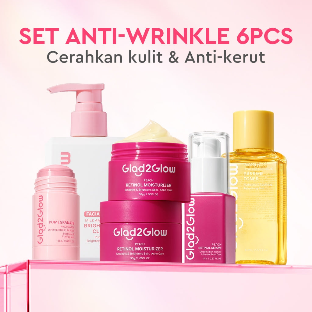 Glad2Glow Day&Night 6in1 Renew Set bundle -Milk cleanser+Brightening toner+Brightening Moisturizer+Cleanser+Brightening Serum+Retinol Serum+Retinol moisturizer Niacinamide Mencerahkan Wajah Mencerahkan Melembabkan Kulit skin skincare g2glow official store