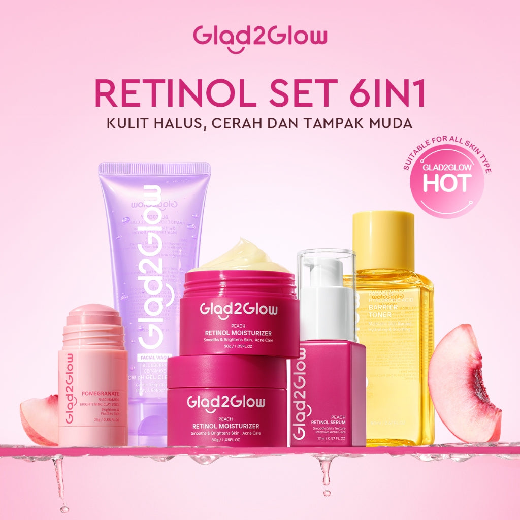 Glad2Glow Retinol Set All In 1 bundle paket Skincare-Moisturizer+Serum+Cleanser+Toner+ Clay Stick-peach moisturizer skin barrier Retinoid Memudarkan Garis Halus Memudarkan Kerutan Menghaluskan  merawat jerawat dan kemerahan g2glow official store