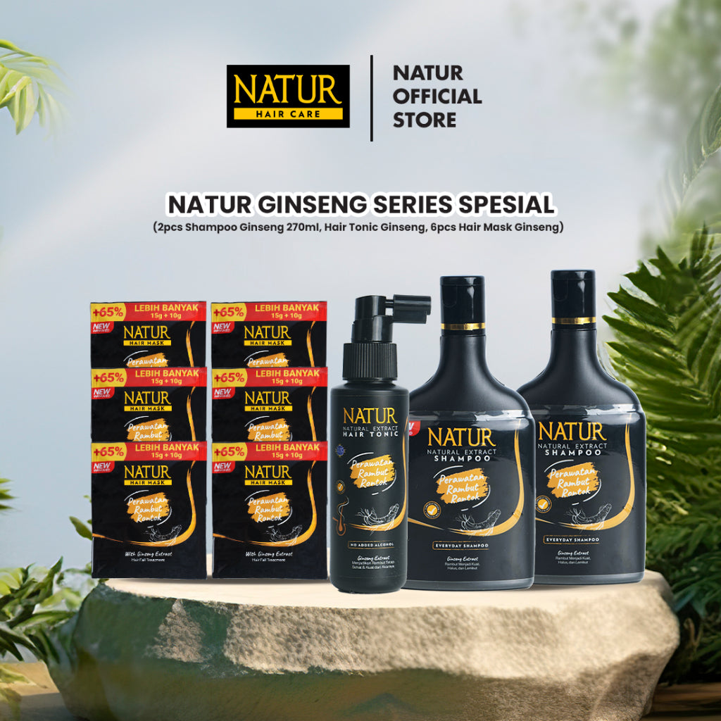 Natur Ginseng Series Spesial (270 ml 2 Pcs, Tonik Ginseng 1 Pcs, H. Mask Ginseng 6 Pcs) - Paket Rambut Rontok / Anti Hair Fall / Menguatkan Akar Rambut