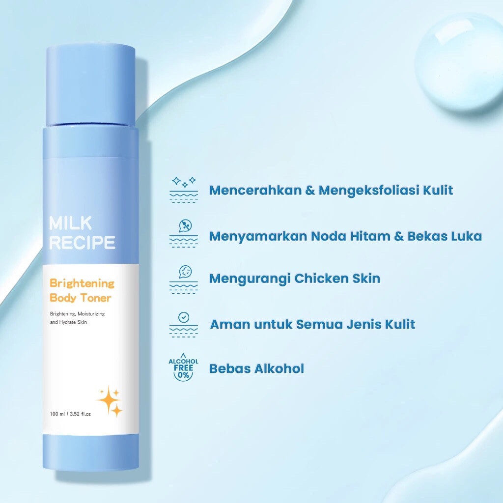 Milk Recipe Brightening Body Toner – Toner Pencerah badan pencerah ketiak pencerah leher body exfoliasi AHA & Niacinamide, Mencerahkan Leher & Siku, Kulit Belang & Gelap, Penghilang Noda Hitam & Bekas Jerawat Badan