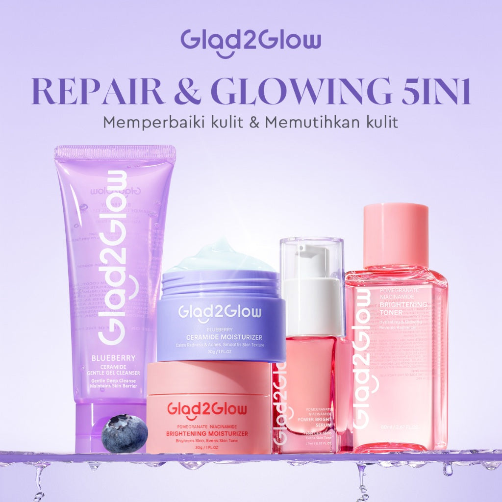 Glad2Glow Cerah&Pulihkan Bundle all in 1 7in1 Glowing skincare Brightening Set-Pulihkan/Cerah Krim+Cerah/kulit halus Serum+Pulihkan cleanser+Cerah Toner whitening Moisturizer facial wash Pelembab skincare 1 set lengkap G2G glad2glow official store