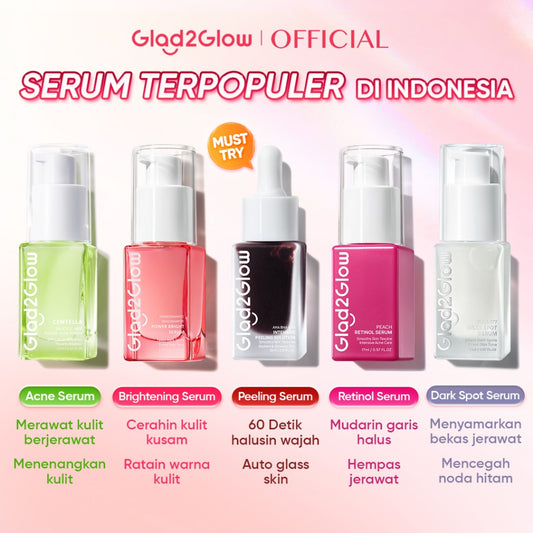 Glad2Glow Serum Series Peeling Serum Exfoliating Serum Bright Serum Glad2Glow Serum Mencerahkan Wajah Serum Pemutih Wajah Serum Retinol Serum Dark Spot Serum Acne Spot Serum Jerawat Glowing Serum Whitening Serum Brightening Serum Glow G2G Serum Niacinamid