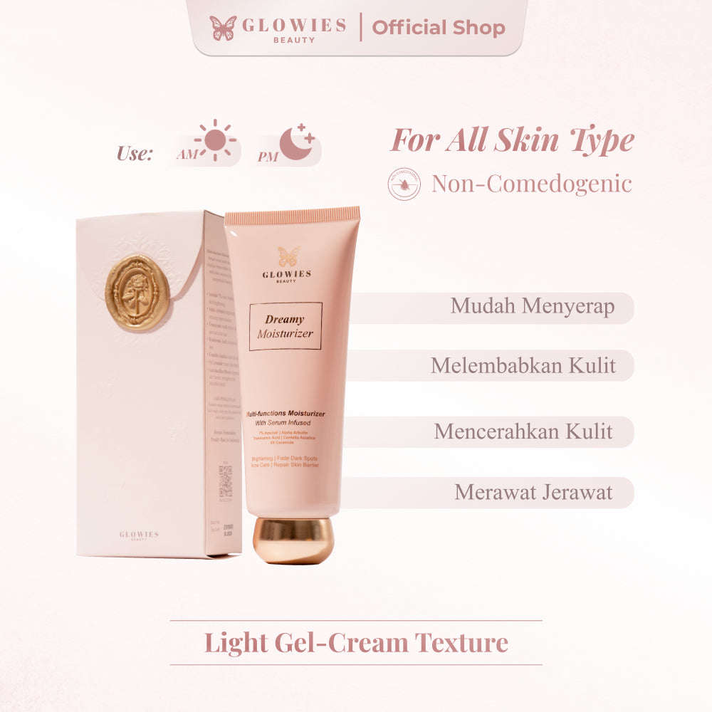 Glowies Beauty Dreamy Moisturizer 80ml Formulasi Korea 7% Azeclair 6% Niacinimide Alpha Arbutin 5x Ceramide Pelembab wajah Busui Friendly membantu Mencerahkan & Meratakan Warna Kulit jerawat PIE PIH Memperbaiki Skin Barrier
