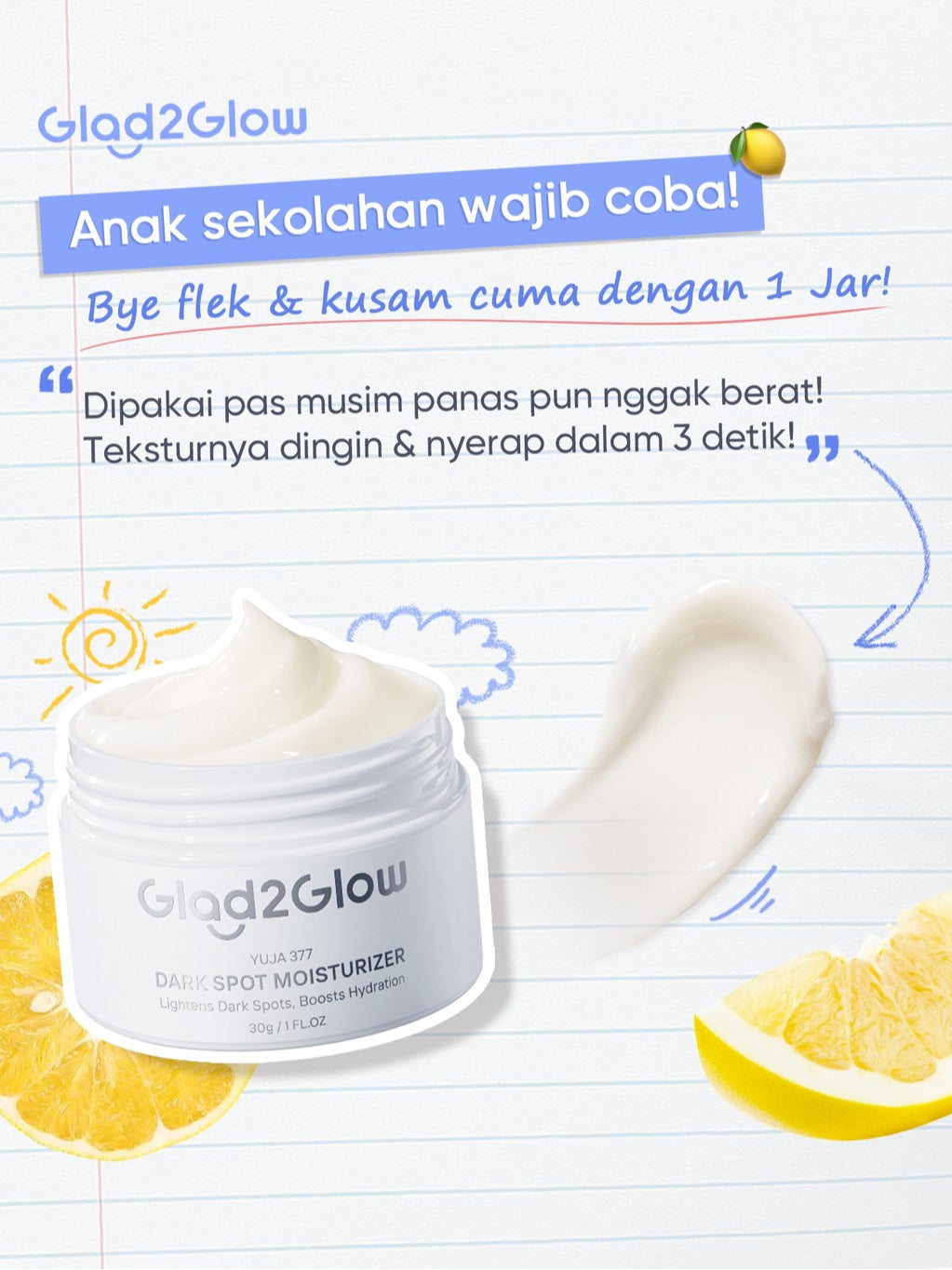 Glad2Glow Yuja Symwhite 377 Dark Spot Moisturizer menghilangkan bekas jerawat brightening night cream day cream Hilangkan Flek & Tenangkan Kulit Skincare Pelembab Esensi Wajah Perawatan Kulit Pelembab Wajah Pembersih day cream tone up g2g official store