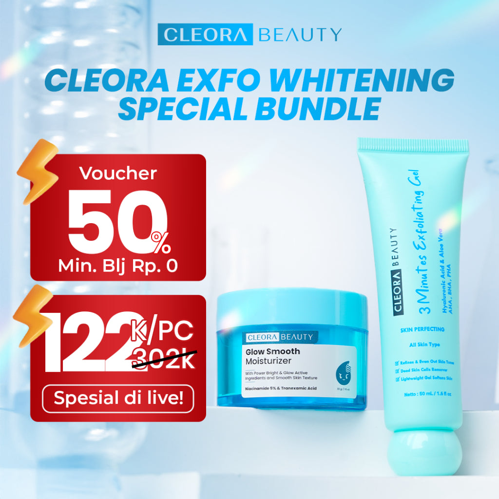 [ ] Cleora Whitening Special Bundle Glow Smooth Moisturizer + 3 Minutes Exfoliasi Gel Skincare Pelembab Wajah Kering Brightening Mosturizer Exfoliasi Peeling Serum Muka Kusam Mencerahkan Mengangkat Sel Kulit Mati Scincare Eksfoliasi Wanita Pria