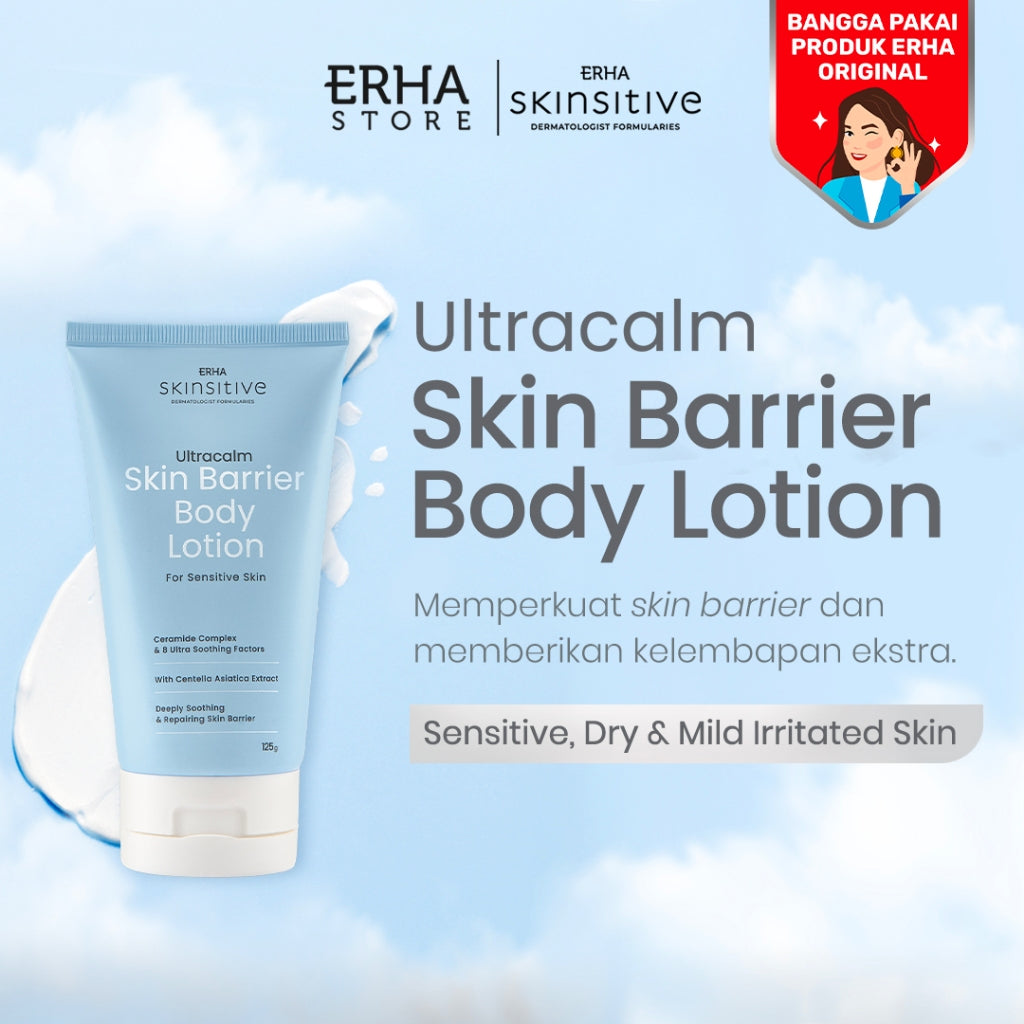 ERHA Skinsitive Ultracalm Body Lotion 125g | Pelembap Kulit Semua Jenis Kulit (Normal, Kering, Sensitif) | Gentle, No Fragrance, No Alcohol | Kulit Sangat Kering, Eksim, Ibu Hamil Menyusui, Anak Usia 3 | Skin Barrier Kuat dengan Ceramide, Calming Agent