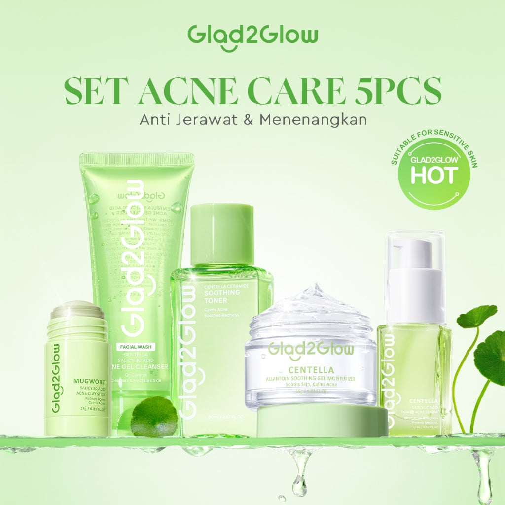 [ORDER NOW, HEMAT 50K]Glad2Glow Acne Jerawat Bundle 7in1 paket Centella madeca cream-Moisturizer+Serum+Cleanser+Toner+Clay Stick+Gel Skincare  Mask Menghilangkan Menenangkan kemerahan pada kulit Atur Minyak BerlebihMerawat Kulit g2glow official store