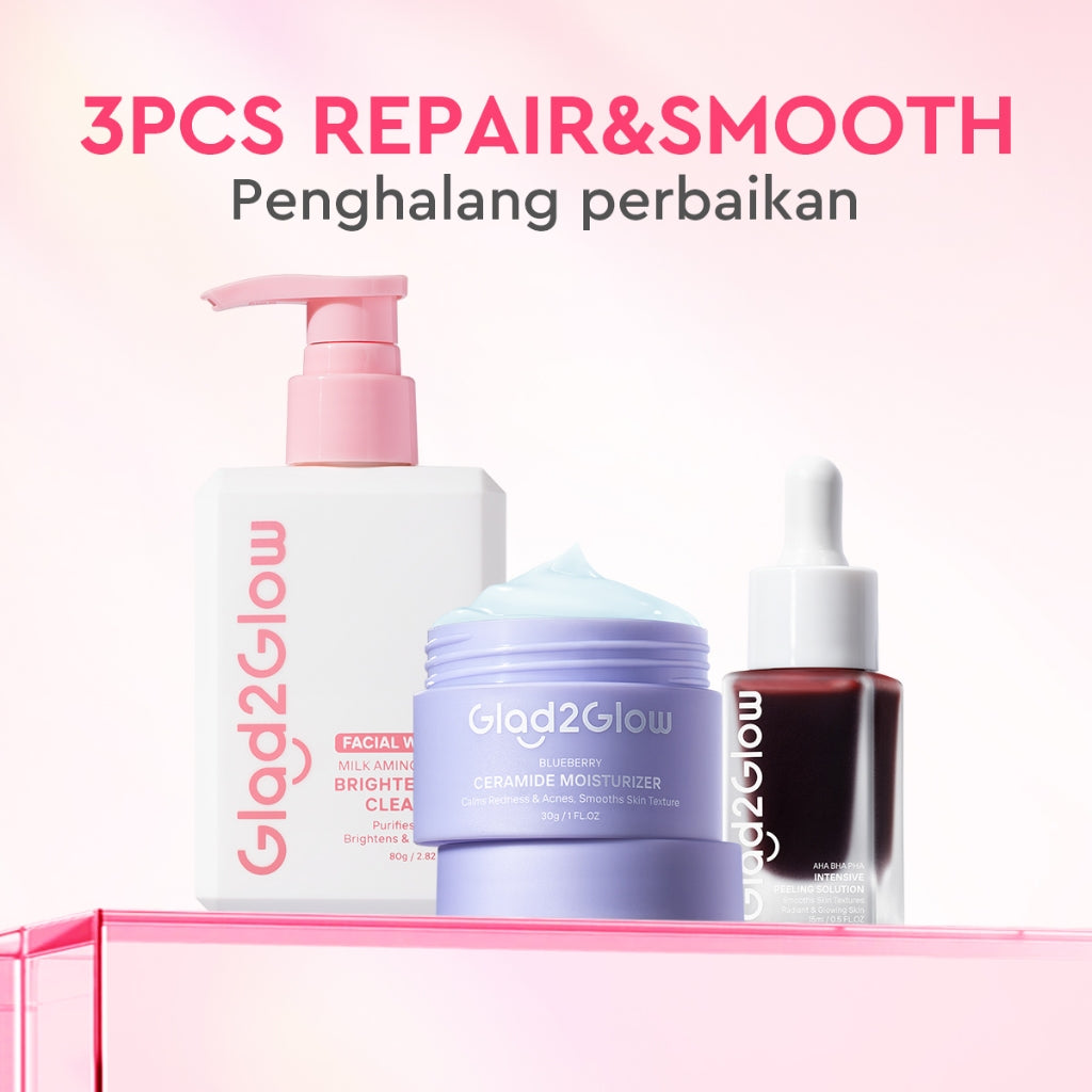 Glad2Glow bundle 3in1 paket Skincare- Moisturizer+Serum+Cleanser- Face Wash  Glowing Kit Dark Spot Acne Kit Mencerahkan warna kulit Menghilangkan jerawat Anti penuaan kulit halus Mencerahkan bintik hitam Beauty Sets & Packages g2glow official store