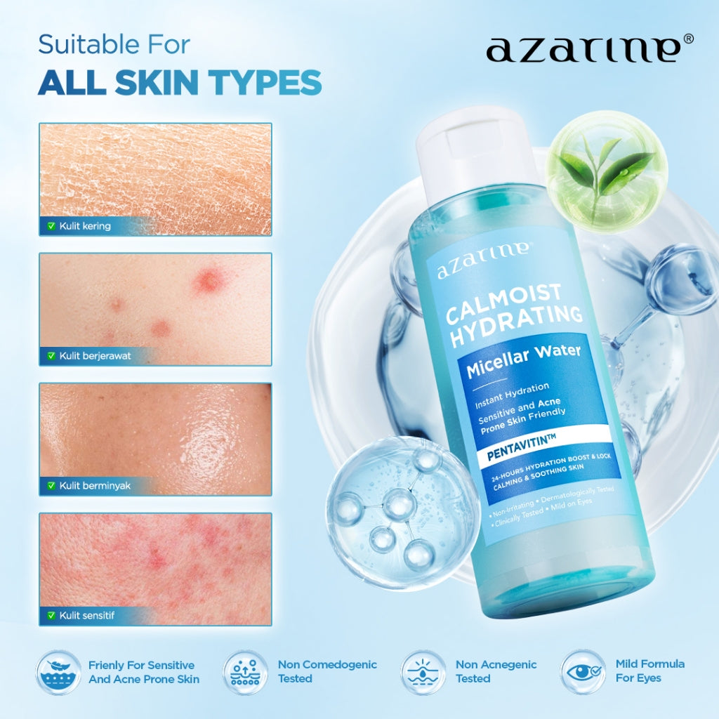 Azarine Cleansing & UV Protection Kit [2 PCS] Calmoist Micellar Water + Sunscreen Best Seller SPF45 PA++++ untuk Semua Jenis Kulit Pembersih Wajah Tanpa Residu Menghidrasi Kulit dan Tidak Pedih di Mata