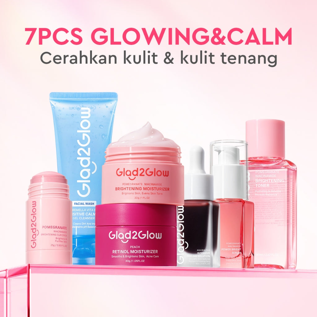 [Cocok Untuk Pemula] Glad2Glow Cerah Glowing Bundle all in 1 7in1-Brightening Moisturizer+Serum+Cleanser+toner+Peeling solution+Retinol 10%Niacinamide skincare paket pembersih perawatan kulit mencerahkan warna kulit pelembab wajah g2glow official store