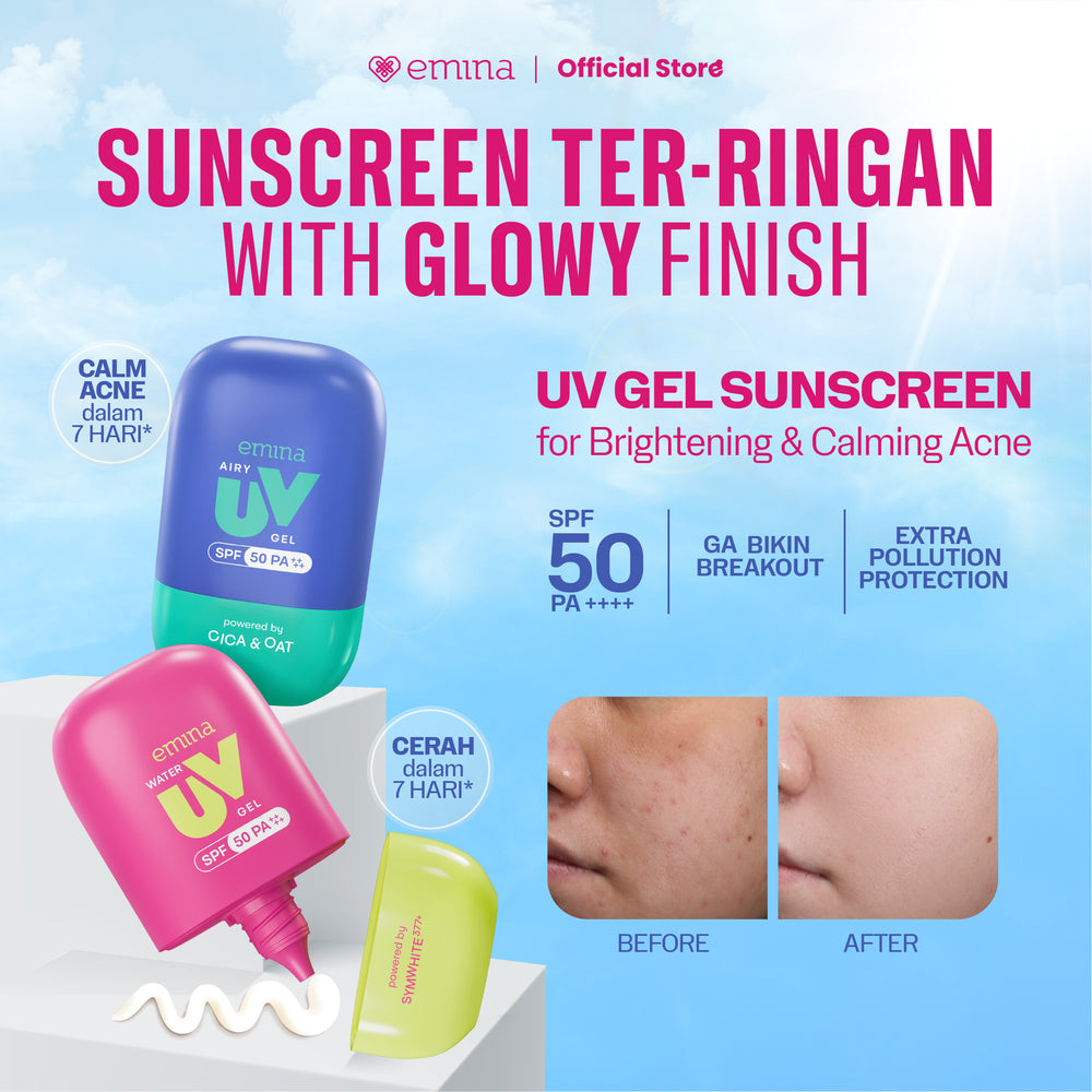 [SPECIAL 11.11] NEW! Emina UV Gel Sunscreen SPF 50 PA++++ Series - Sunscreen Wajah, Sunscreen Gel, Melindungi dari Sinar UV, No Whitecast, No Comedogenic, Cepat Menyerap, Lembut, Mencerahkan, Melembapkan, Mengandung Symwhite 377+, Cica, Oat, Cocok Untuk S