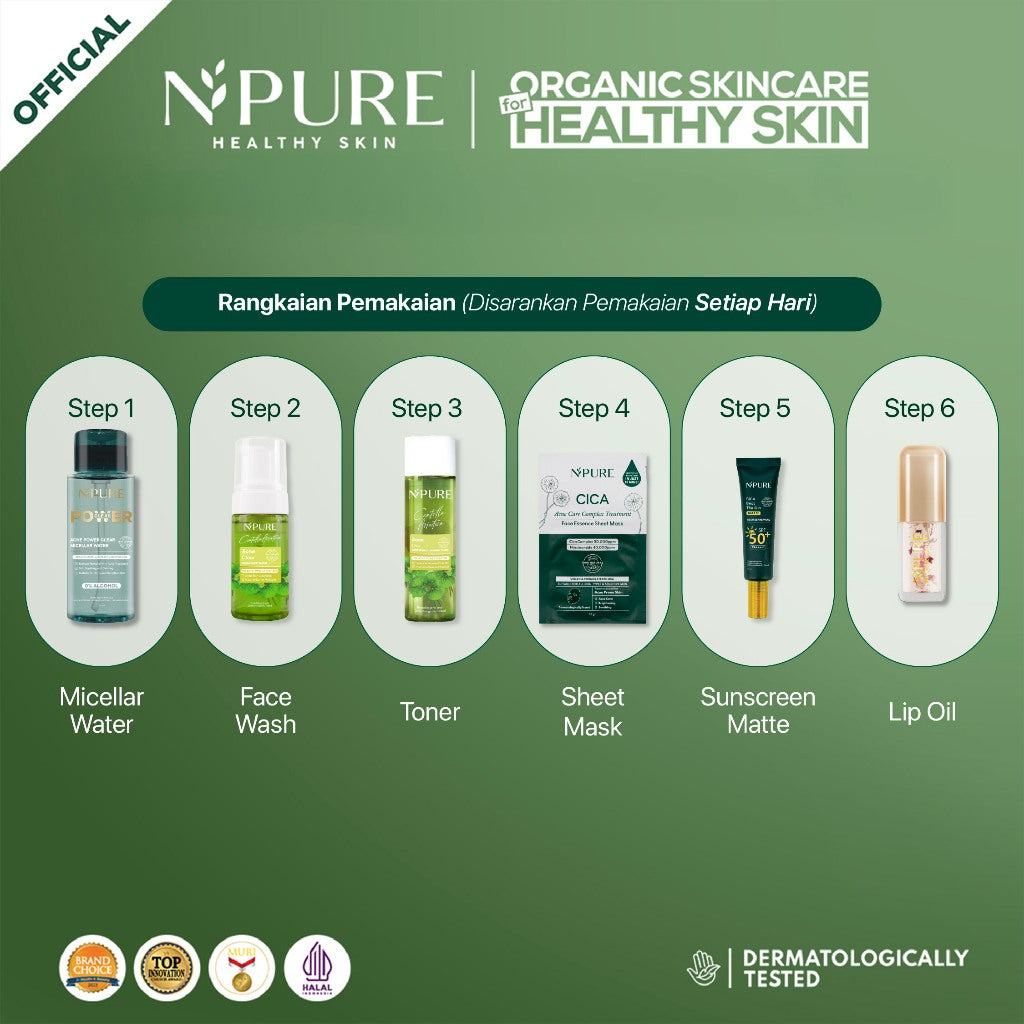 BUNDLE 6PCS - NPURE Micellar Water 300ml + Cica Facial Wash 100ml + Cica Toner 150ml + Cica Sheet Mask + Sunscreen Matte + Lip Glow Oil Rose Pink / paket kecantikan / skincare harian