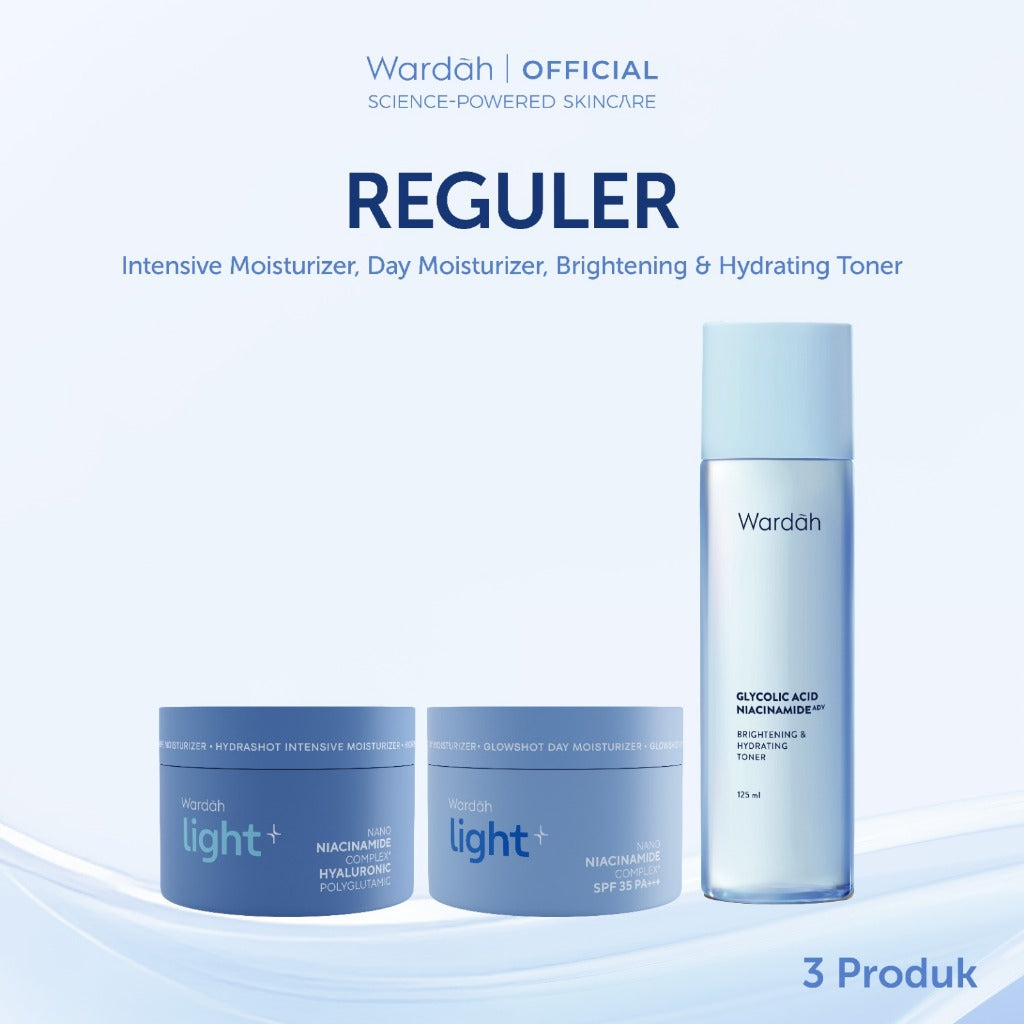 WARDAH Lightening Basic Mosturizer Kit - Day Cream, Night Cream, Face Toner - Pelembab Wajah & Hydrating Toner - Cerah, Glowing, Terlindungi, Lembap - Light+ Glowshot Day, Intensive Moisturizer, Face Toner - Skincare