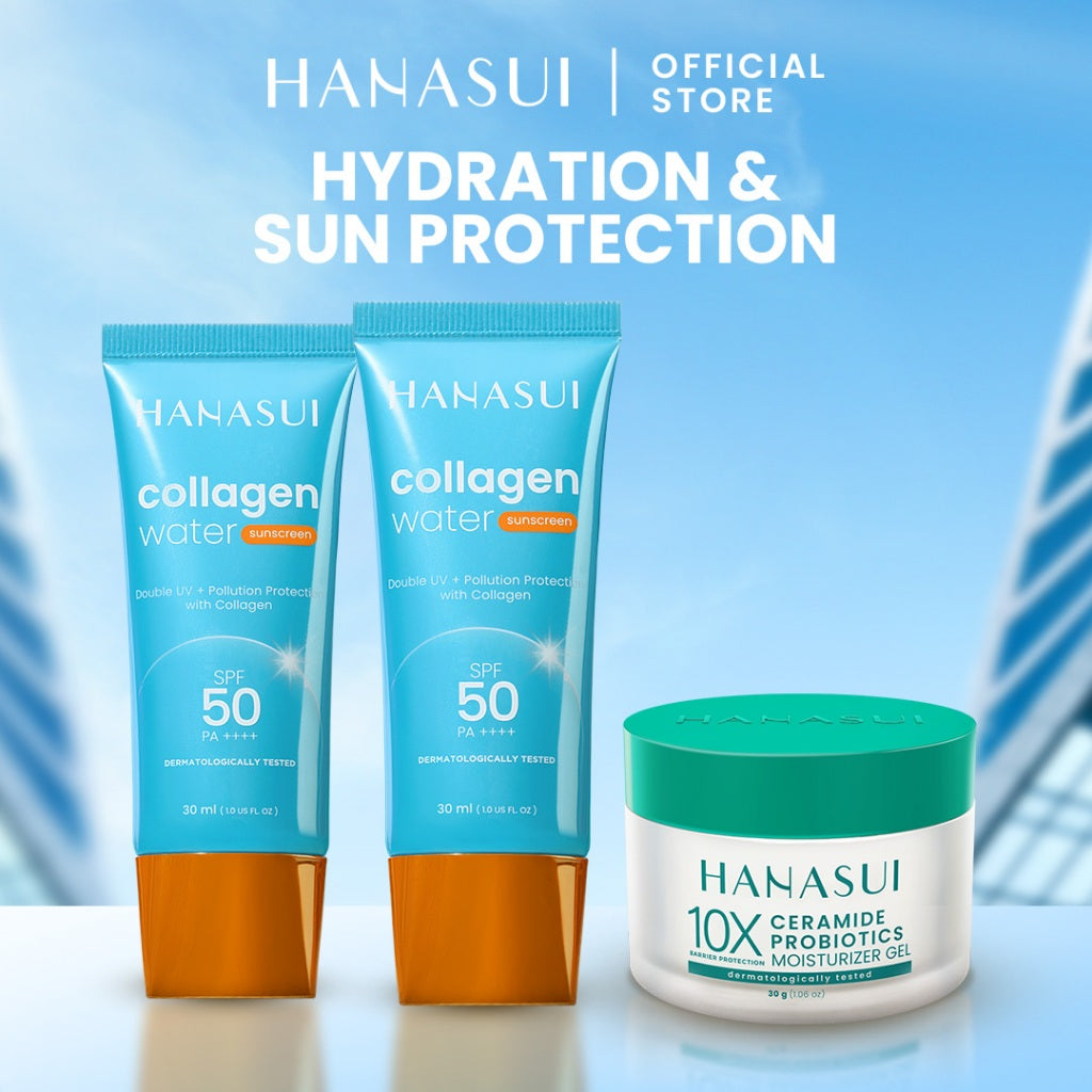 Hanasui Skincare Set | Collagen Water Sunscreen SPF 50 Power Bright Expert Serum Exfoliating Serum Ceramide Probiotics Moisturizer Gel Wajah Mencerahkan