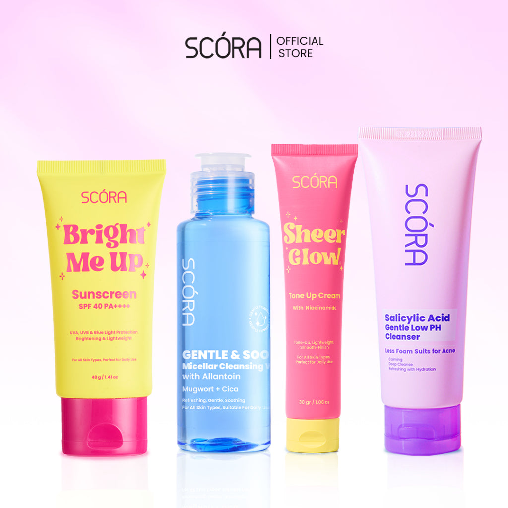 SCORA Bright Me Up Sunscreen 40 Gr + SCORA Gentle and Soothe Micellar Cleansing Water 100ML + Scora Sheer Glow Tone Up Cream 30 mL + SCORA Gentle Low pH Cleanser 100ml