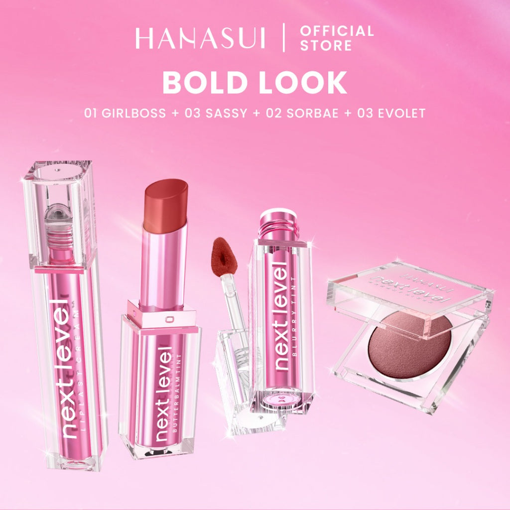Hanasui Level Up Beauty Kit - Next Level Blurry Tint Bouncy Blush Butter Balm Liplast Cream Lip Tint Tahan Lama Velvet Finish Longlasting Bounce Tinted Balm Melembabkan Pigmented Matte Finish