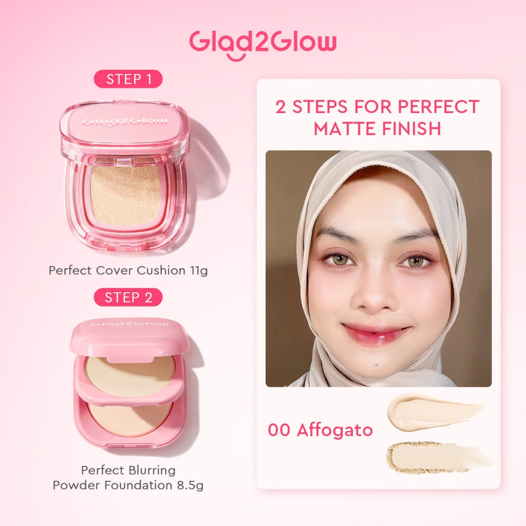[ORDER NOW, HEMAT 35K]Glad2Glow Perfect Blurring Powder Foundation&Perfect Cover Cushion foundation  Setting waterproof Concealer Oil-Control matte Sweatproof Finish Poreless Highlighting Contouring Refill two way cake BB CC makeup g2glow official store