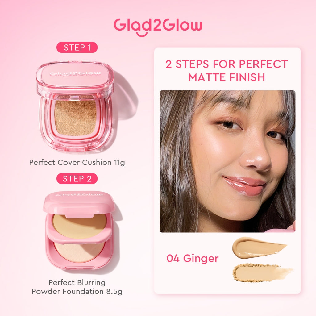 [ORDER NOW, HEMAT 35K]Glad2Glow Perfect Blurring Powder Foundation&Perfect Cover Cushion foundation  Setting waterproof Concealer Oil-Control matte Sweatproof Finish Poreless Highlighting Contouring Refill two way cake BB CC makeup g2glow official store