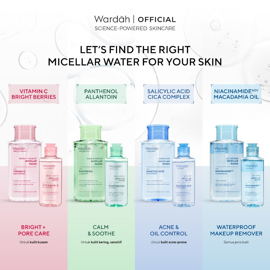 WARDAH Micellar Water All Series Perfect Bright Calm and Soothe Nature Daily Acnederm Lightening Oil Infused Pembersih Wajah Make Up Remover Waterproof Tanpa Bilas Skincare