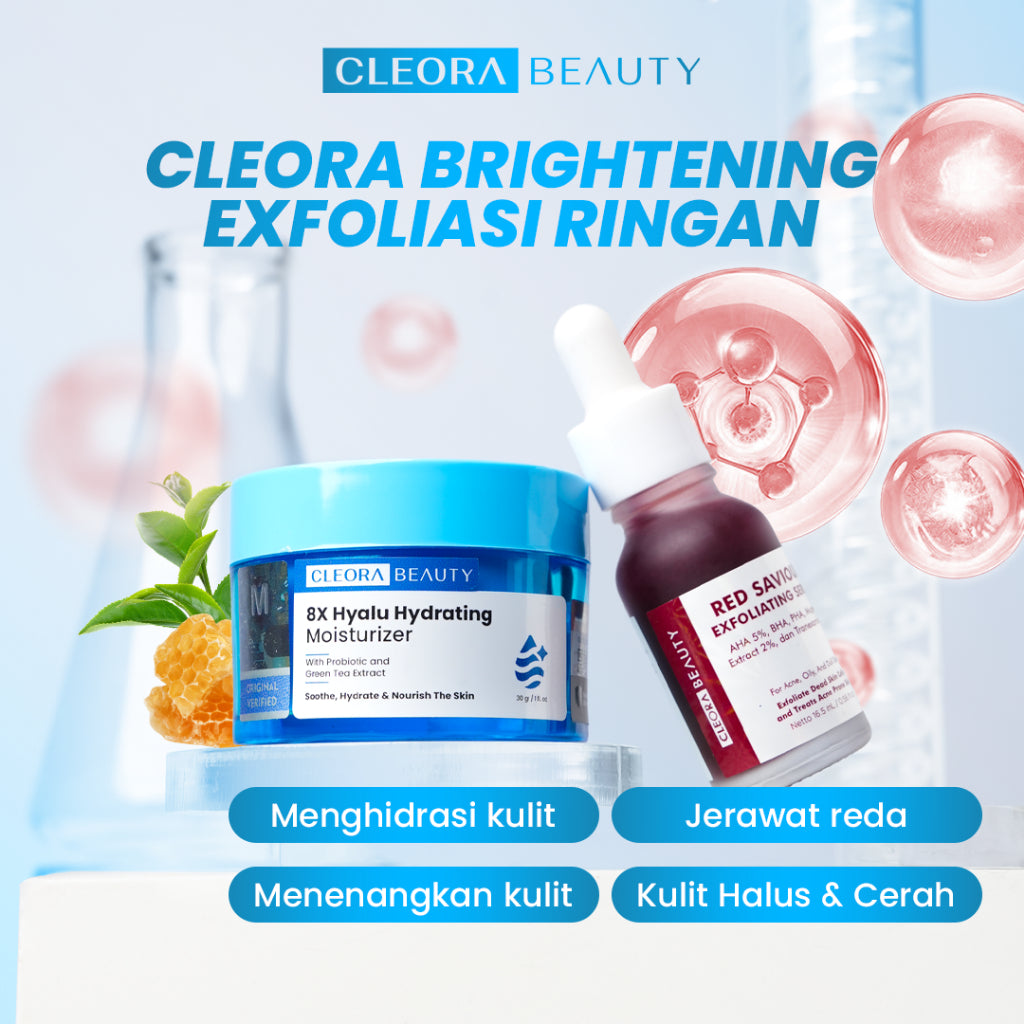 [COMBO HEMAT] Cleora Brightening Set Special Bundle 2in1 - Red Saviour + 8x Hyalu Moisturizer Paket Peeling Solution Skincare Eksfoliasi Wajah Pemutih Dark Spot Wanita Pria Serum Jerawat Scincare Exfoliasi Acne Mosturizer Mencerahkan Pelembab Muka BPOM