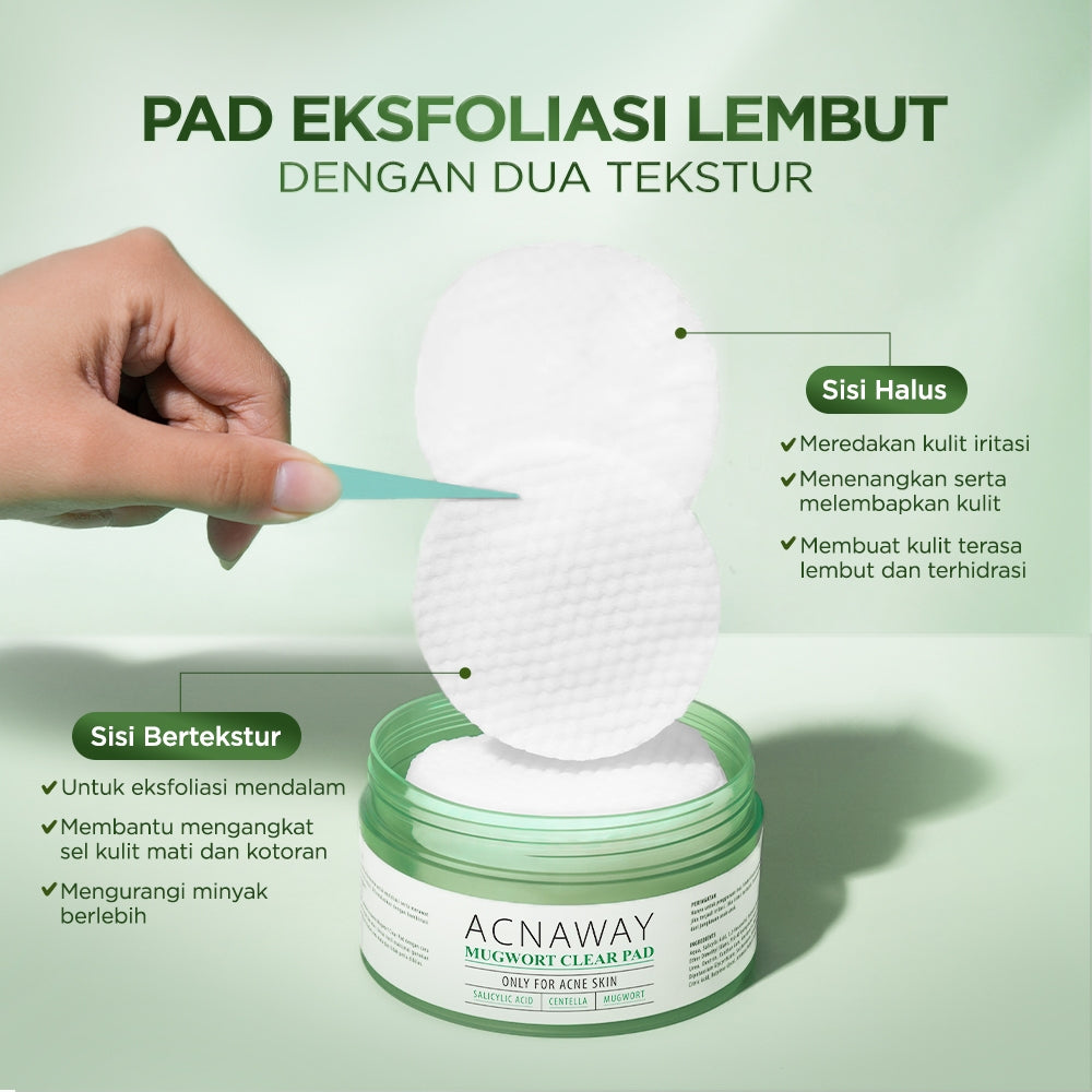 ACNAWAY Mugwort Acne Clear Pad Exfoliating – Exfoliation Pad untuk Kulit Sensitif & Berjerawat Eksfoliasi Kulit Angkat Komedo Sel Kulit Mati & Minyak Berlebih Acne Pad Exfo Pad Penghilang Komedo & Jerawat Blackhead Removal
