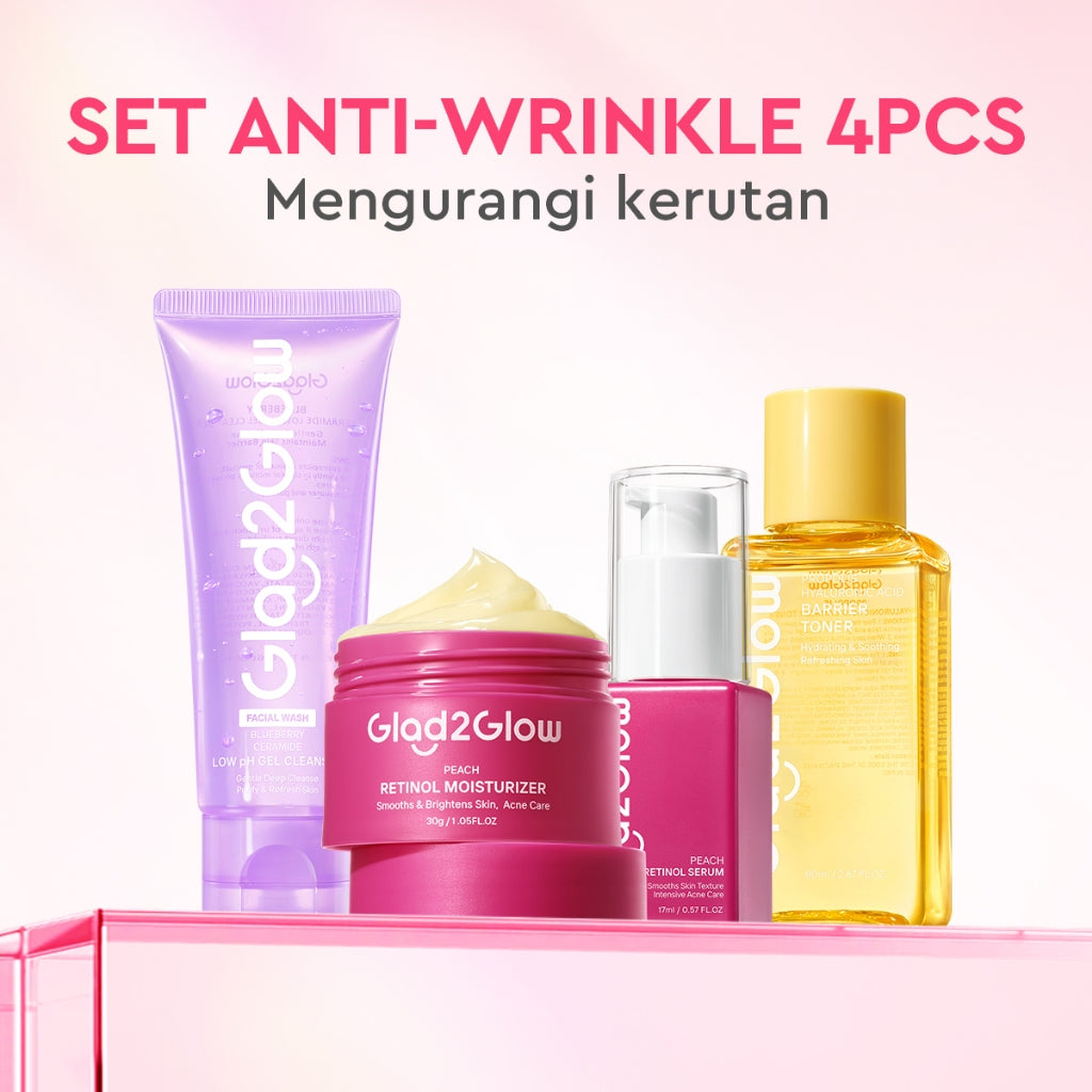 Glad2Glow Retinol Set All In 1 bundle paket Skincare-Moisturizer+Serum+Cleanser+Toner+ Clay Stick-peach moisturizer skin barrier Retinoid Memudarkan Garis Halus Memudarkan Kerutan Menghaluskan  merawat jerawat dan kemerahan g2glow official store