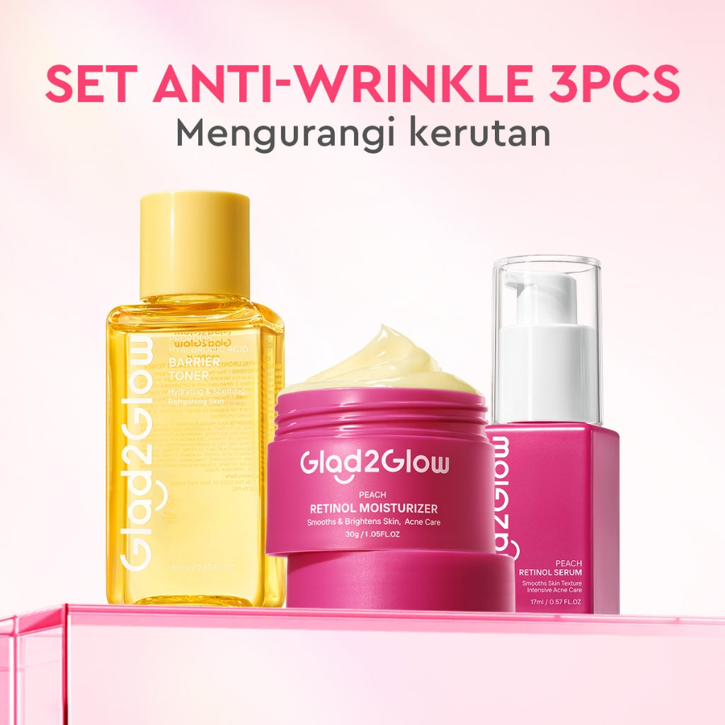 Glad2Glow Retinol Set All In 1 bundle paket Skincare-Moisturizer+Serum+Cleanser+Toner+ Clay Stick-peach moisturizer skin barrier Retinoid Memudarkan Garis Halus Memudarkan Kerutan Menghaluskan  merawat jerawat dan kemerahan g2glow official store