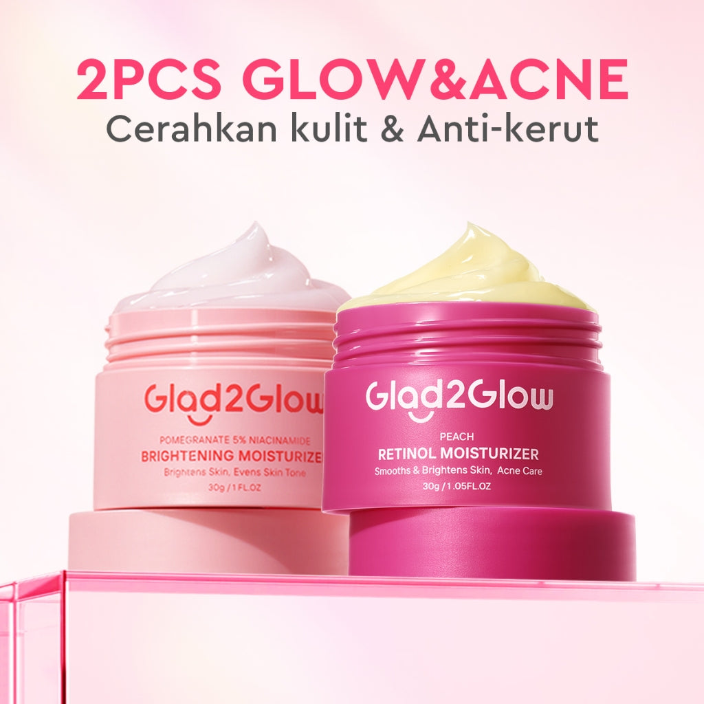 [ORDER NOW, HEMAT 30K]Glad2Glow Day & Night Renew Cerah Bundle Moisturizer+Serum Set Brightening 10%Niacinamide Peeling Eksfoliasi Retinol  tone up Pelembab Tubuh Kit Perawatan Kulit Hidrasi Delima Pelembab Wajah Pencerah Krim Gel g2glow official store
