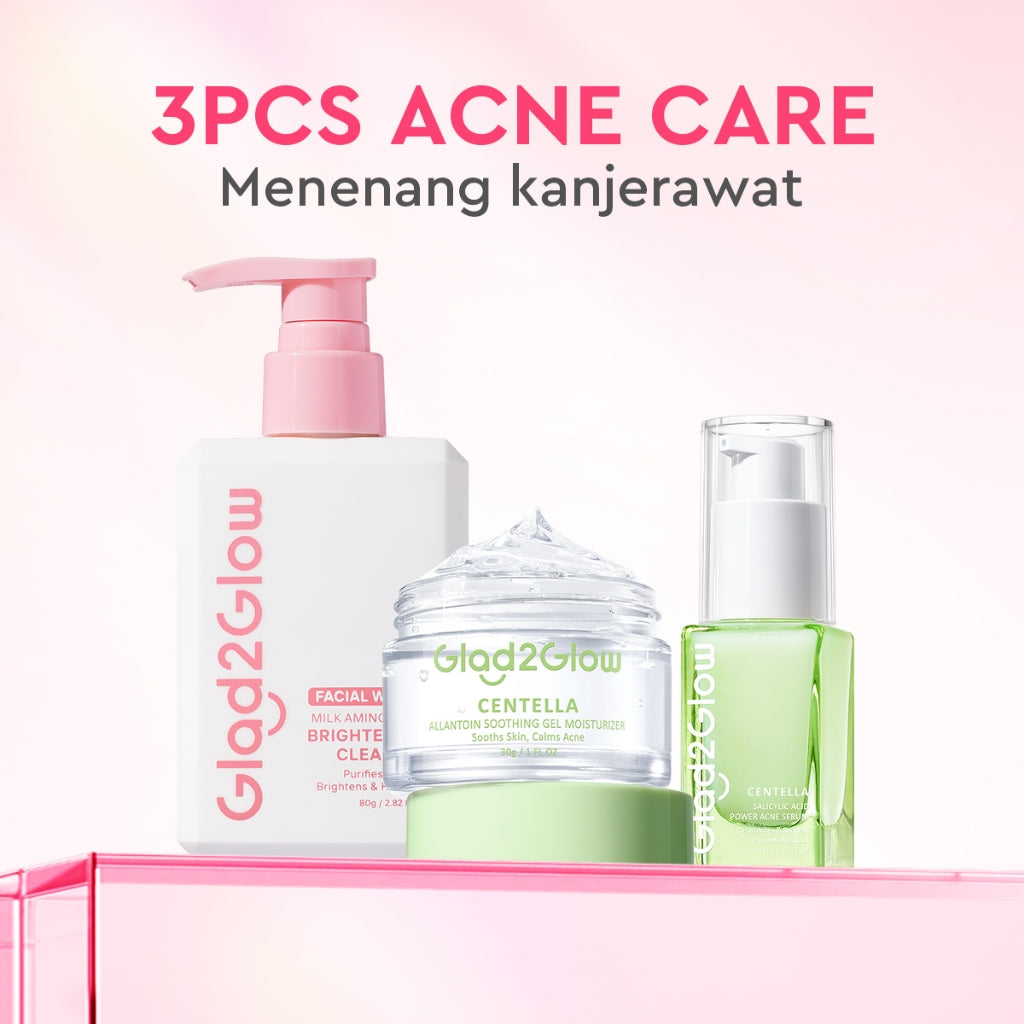 Glad2Glow bundle 3in1 paket Skincare- Moisturizer+Serum+Cleanser- Face Wash  Glowing Kit Dark Spot Acne Kit Mencerahkan warna kulit Menghilangkan jerawat Anti penuaan kulit halus Mencerahkan bintik hitam Beauty Sets & Packages g2glow official store