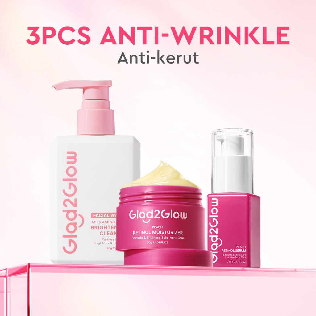 Glad2Glow bundle 3in1 paket Skincare- Moisturizer+Serum+Cleanser- Face Wash  Glowing Kit Dark Spot Acne Kit Mencerahkan warna kulit Menghilangkan jerawat Anti penuaan kulit halus Mencerahkan bintik hitam Beauty Sets & Packages g2glow official store