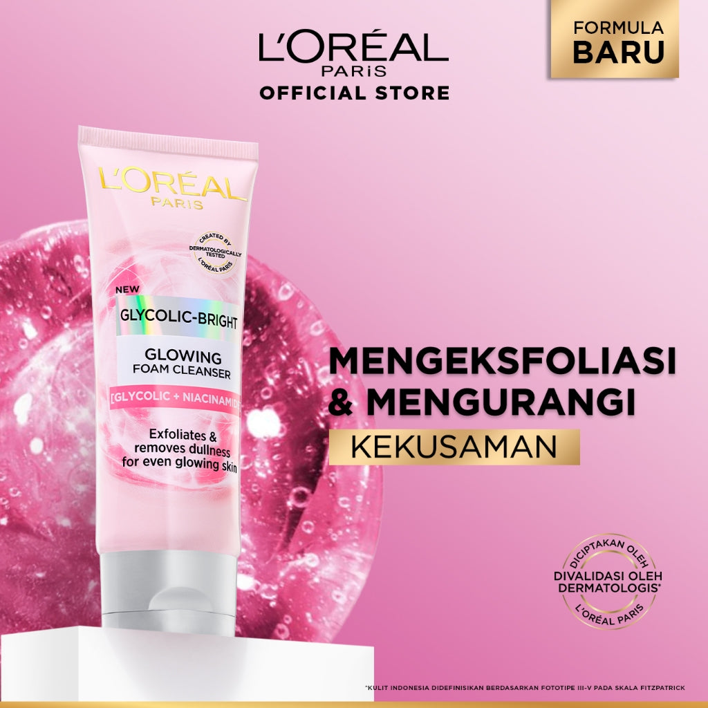 L'Oreal Paris Glycolic Bright Daily Cleanser Foam - 50/100ml Skin Facial Wash Loreal Glyco Acid AHA Exfoliating Anti Dark Spot Wajah Peeling Muka