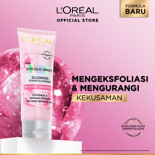 L'Oreal Paris Glycolic Bright Daily Cleanser Foam - 50/100ml Skin Facial Wash Loreal Glyco Acid AHA Exfoliating Anti Dark Spot Wajah Peeling Muka