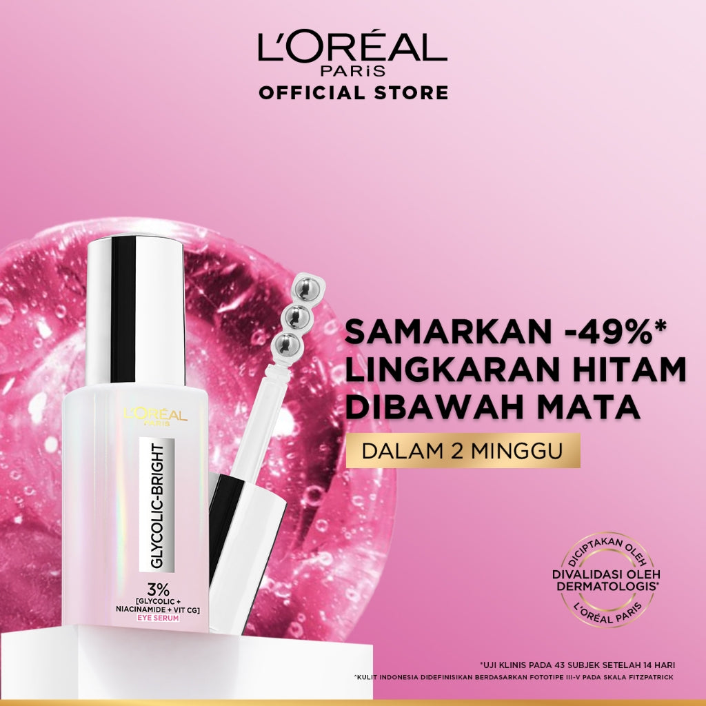 L'Oreal Paris Glycolic Bright Dark Circle Eye Serum 20ml Aplikator Boba - Skincare untuk Samarkan Mata Panda dengan Niacinamide