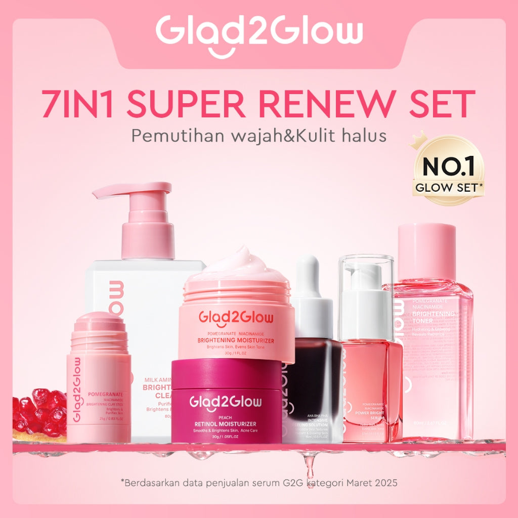 [Cocok Untuk Pemula] Glad2Glow Cerah Glowing Bundle all in 1 7in1-Brightening Moisturizer+Serum+Cleanser+toner+Peeling solution+Retinol 10%Niacinamide skincare paket pembersih perawatan kulit mencerahkan warna kulit pelembab wajah g2glow official store