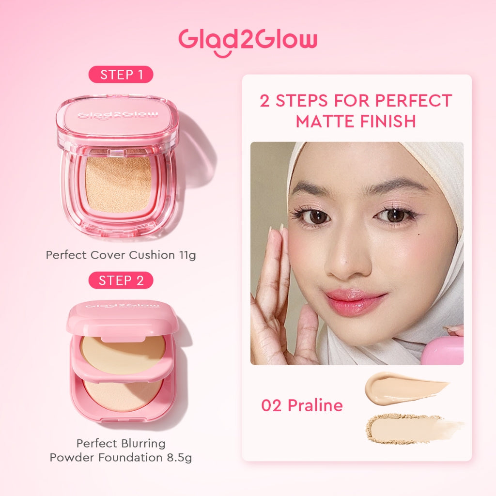[ORDER NOW, HEMAT 35K]Glad2Glow Perfect Blurring Powder Foundation&Perfect Cover Cushion foundation  Setting waterproof Concealer Oil-Control matte Sweatproof Finish Poreless Highlighting Contouring Refill two way cake BB CC makeup g2glow official store