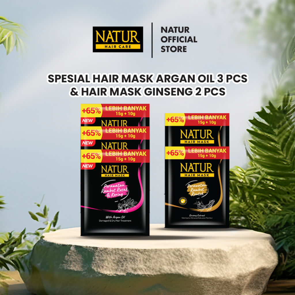 Natur Special Hair Mask Olive Oil 3pcs & Hair Mask Ginseng 2pcs - Paket Masker Menjaga dan Merawat Rambut Rontok / Anti Hair Fall / Menguatkan Akar Rambut