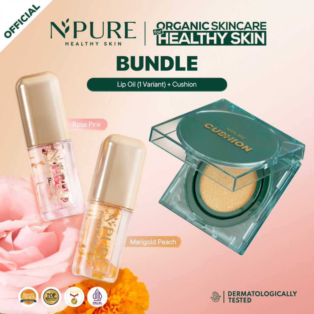 NEW BUNDLE - NPURE Centella Asiatica Flawless Matte Power Cushion + Power Glow Lip Oil Rose Pink Marigold Peach / Set Makeup / Daily Use / Makeup Harian / Makeup kulit Berjerawat / Makeup Bibir Kering