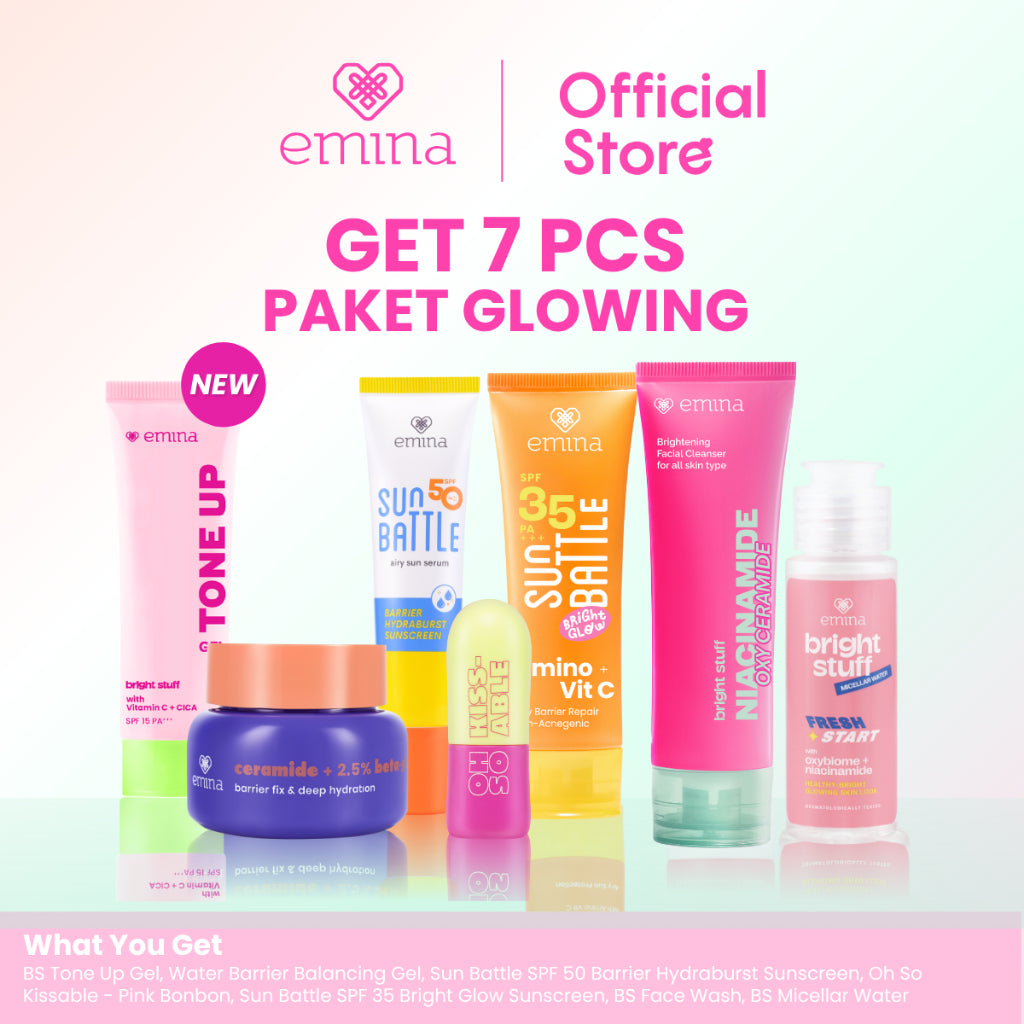 [Paket Glowing] Emina Get 7 - Glowing Set - Skin Barrier- Moisturizer, Face Wash, Sunscreen, Micellar Water, Tone Up Gel, Lip Balm Mencerahkan | Melembapkan, Menjaga Skin Barrier, Mencerahkan, Glowing, Melindungi dari sinar UV