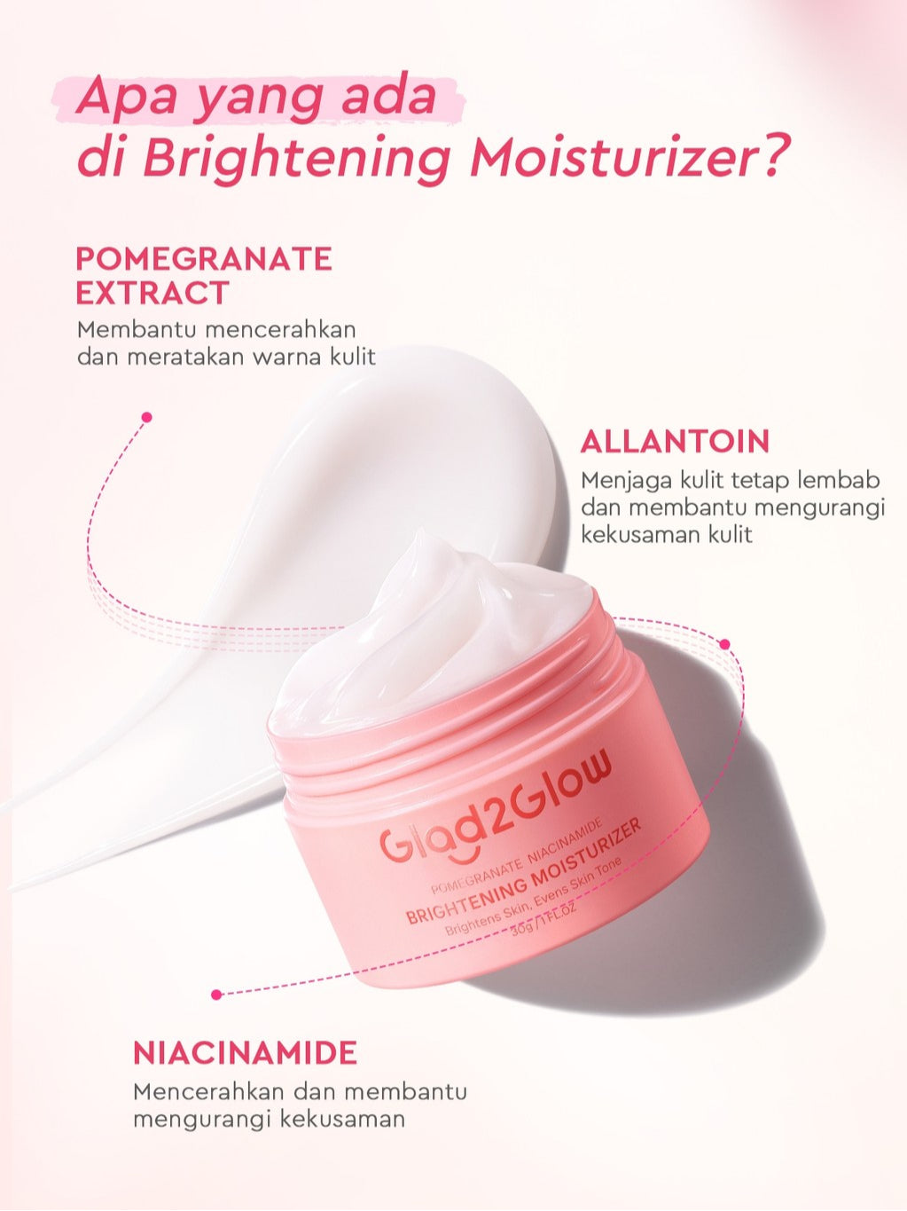 Glad2Glow Pomegranate Niacinamide Brightening Moisturizer Mencerahkan Pemutih Kulit Gel Pelembab Bercahaya Krim Siang dan Malam Perawatan Kulit Ekstrak Delima Asam Lemak Asam Delima Pelembab Esensi Wajah Perawatan Kulit  Pembersih  g2glow official store