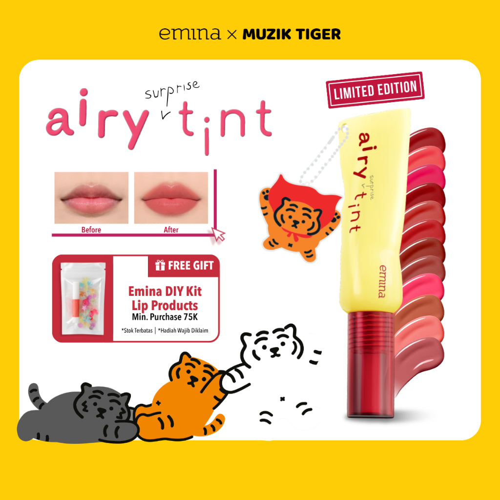 Emina Airy Surprise Tint x Muzik Tiger 3 g + Keychain - Lip Tint Ringan, Longlasting, Tahan Lama, Waterproof