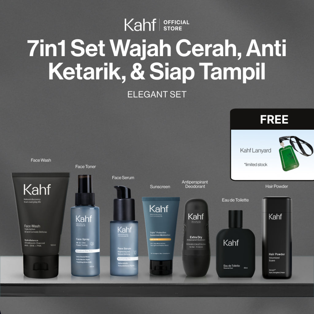 [KAHF BUNDLE 7IN1 PAKET PERAWATAN LENGKAP : WAJAH CERAH, ANTI KETARIK, & SIAP TAMPIL]  Paket Complete Grooming (Face Wash + Toner + Serum + Sunscreen Moisturizer + Deodorant + EDT + Pomade/Hair Powder) - Approved by Barber and Suitable for Daily Use