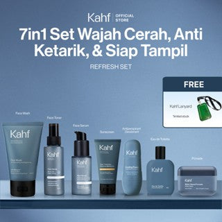 [KAHF BUNDLE 7IN1 PAKET PERAWATAN LENGKAP : WAJAH CERAH, ANTI KETARIK, & SIAP TAMPIL]  Paket Complete Grooming (Face Wash + Toner + Serum + Sunscreen Moisturizer + Deodorant + EDT + Pomade/Hair Powder) - Approved by Barber and Suitable for Daily Use