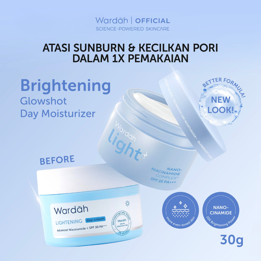 WARDAH Lightening Basic Mosturizer Kit - Day Cream, Night Cream, Face Toner - Pelembab Wajah & Hydrating Toner - Cerah, Glowing, Terlindungi, Lembap - Light+ Glowshot Day, Intensive Moisturizer, Face Toner - Skincare