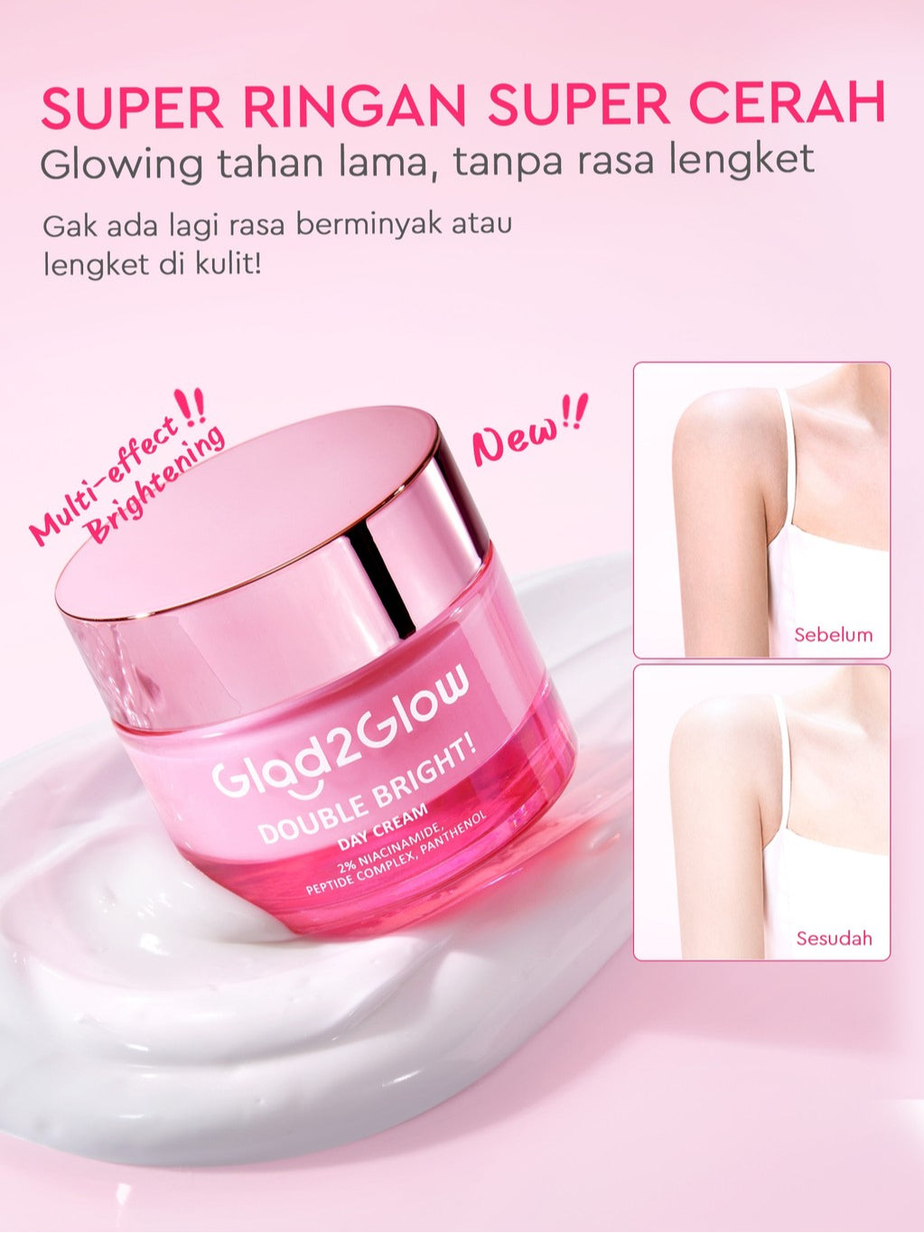 Glad2Glow Double Bright Day Cream tone up cerah Niacinamide Moisturizer brightening wajah cream pemutih wajah day cream Night Cream whitening cream skincare glowing BB cream Mencerahkan warna kulit halus g2glow official store