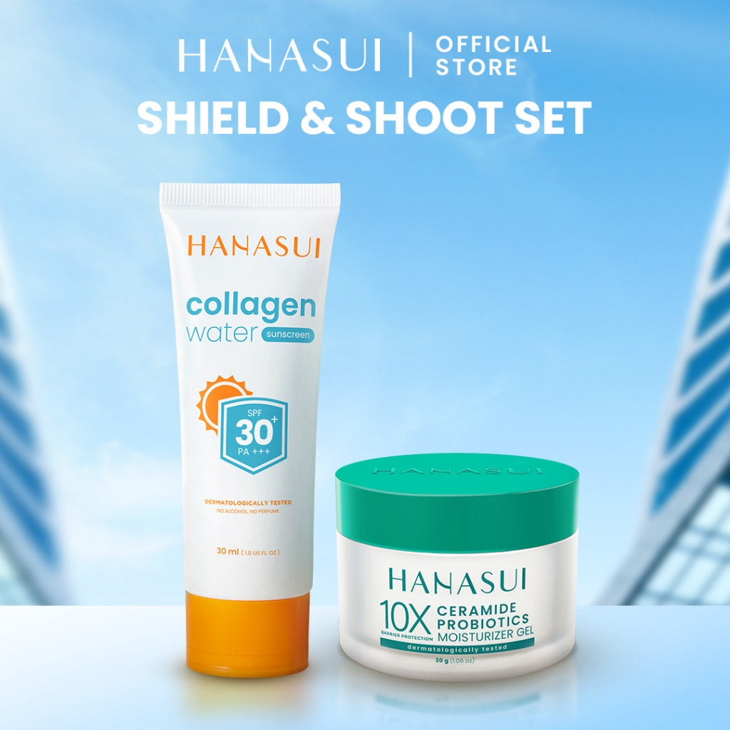 Hanasui Skincare Set | Collagen Water Sunscreen SPF 30 Power Bright Expert Serum Exfoliating Serum Ceramide Probiotics Moisturizer Gel Mencerahkan Wajah